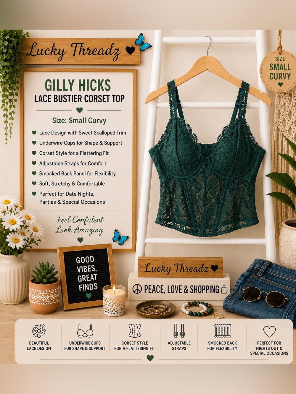 Gilly Hicks sexy  Lace Bustier Corset Top — Deep Teal Green